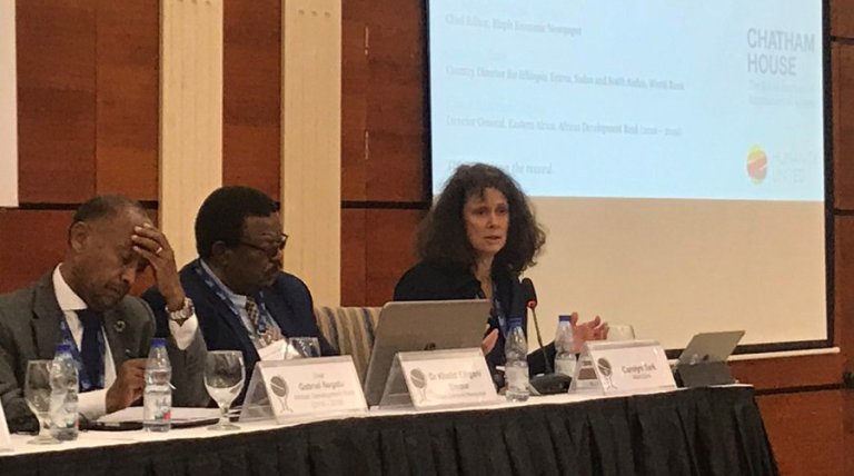 Carolyn Turk, WB Sudan director (R) speaks in Khartoum on 3 October 2019 (ChathamHouse Photo)