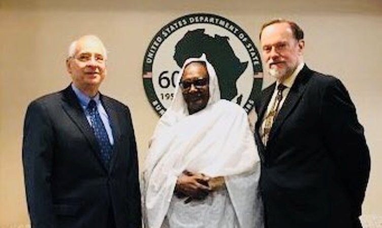 Sudan's FM Asma Abdallah poses with Tibor Nagy (R) and Donald Booth at the State Department on 6 Nov 2019 (State Department -Photo)
