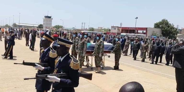 Body of late Sudan's defence minister at Juba airport on 25 March 2020 (ST photo.)