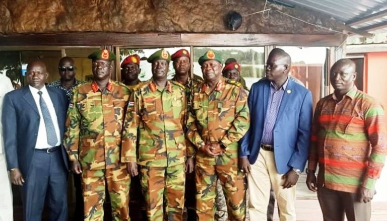 Lt. Gen. James Koang, former SPLA-IO Deputy Chief of Staff for Adm (C) poses with  splinter generals after their defection to SSDPP on 17 March 2020 (Photo released by the group)