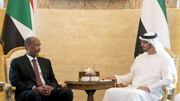 Mohamed bun Zayed (R) Crown Prince of Abu Dhabi receives al-Burhan during a visit to Abu Dhabi on 26 may 2019 photo WAM