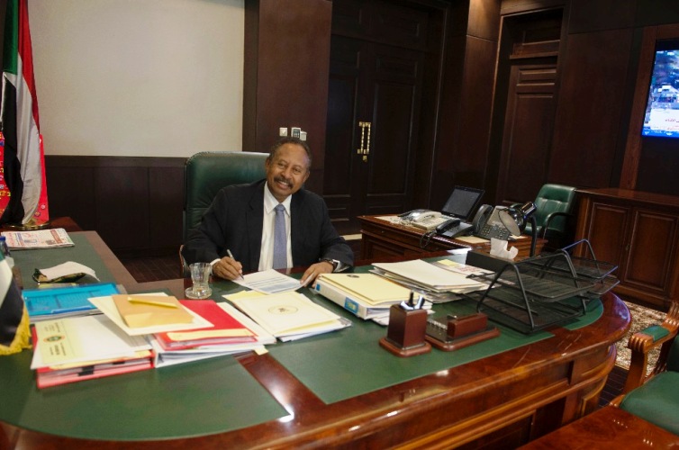 Sudanese PM Hamdok at his office on Monday 9 March after surviving an assassination attempt (PM office photo)