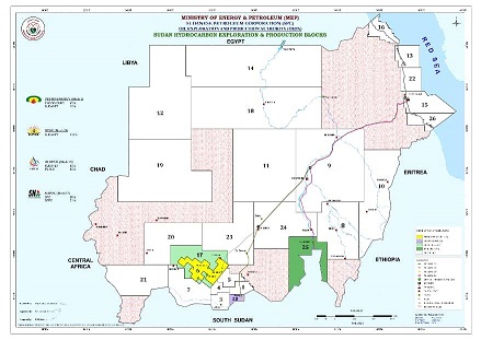 خارطة توضح تقسيم المربعات النفطية في السودان