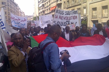 متظاهرون سودانيون في أحد شوارع باريس خرجوا تأييدا للمظاهرات الشعبية في السودان مرددين شعارات تطالب بغتيير سلمي في البلاد في 30 يونيو 2012