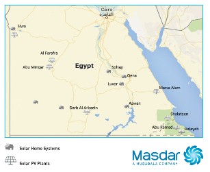 خريطة نشرتها شركة (مصدر) لمشاريع الطاقة الشمسية التي انشأتها في مصر