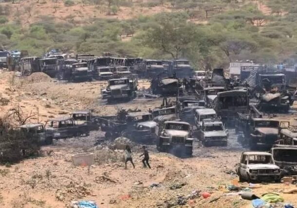 Destroyed Ethiopian military vehicles in Barkhat settlement on June 28, 2022