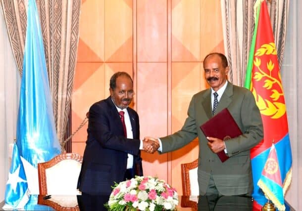 Somali and Eritrean leaders shake hands after the signing of cooperation MoUbetween the two countries on Tuesday July 12, 2022 jpg