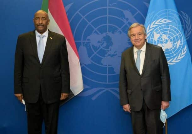 UN Secretary-General António Guterres (right) meets with Abdel-Fattah Al-Burhan Abdelrahman Al-Burhan, President of the Transitional Sovereign Council in Sudan. (UN photo)