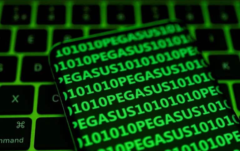 A smartphone displaying the word Pegasus and binary code (Reuters)