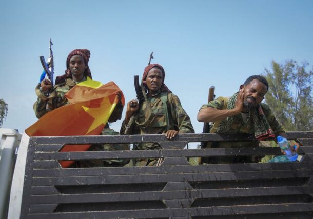 Tigray forces ride in a truck after taking control of Mekele, in the Tigray region of northern Ethiopia, on June 29, 2021 AP file photo