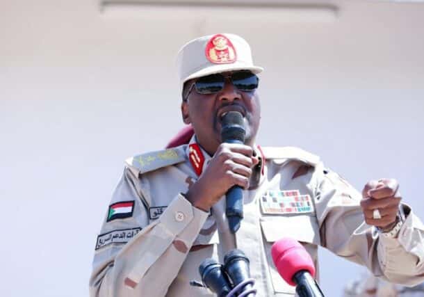 Abdel Rahim Daglo, second commander of the Rapid Support Forces speaks to his troops on Feb 26 2023