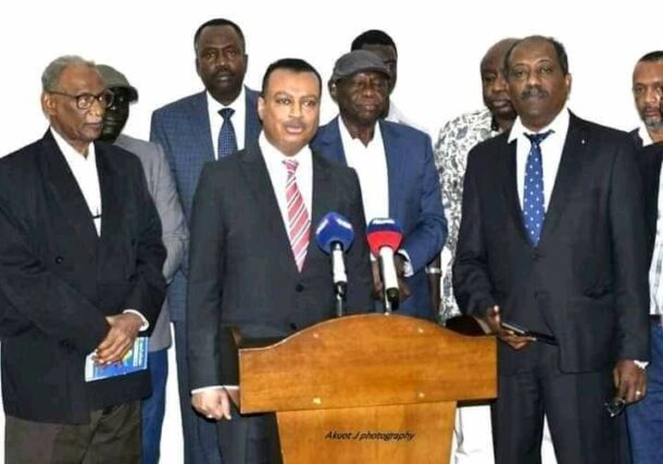Gaffar al-Mirghani of the Democratic Bloc and Abdel Aziz al-Hilu speak to the media in Juba on Feb23, 2023