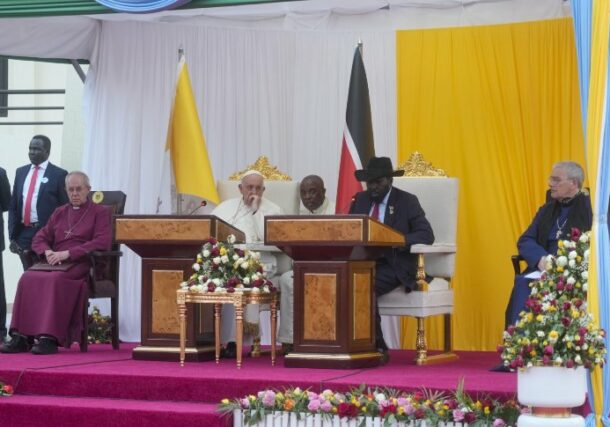 President Kiir speaks welcoming Pope Francis, Archbishop of Canterbury and Moderator of the Church of Scotland on February 3, 2023