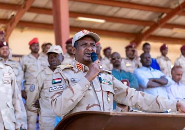 Hemetti speaks to his troops at Karari military base in northern Omdurman on March 7, 2023