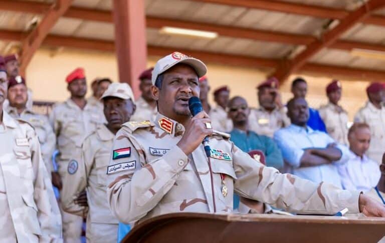 Hemetti speaks to his troops at Karari military base in northern Omdurman on March 7, 2023