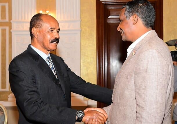 President Isaias Afwerki shakes hands with the visiting Sudanese deputy Chairman of the Sovereign Council Mohamed Hamdan Daglo Hemetti on March 13, 2023