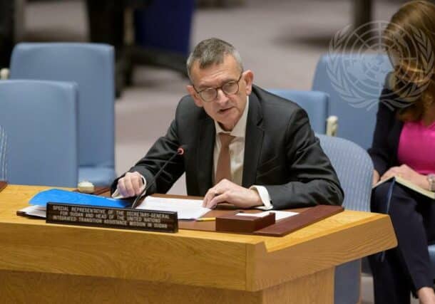 Volker Perthes briefs the Security Council meeting about the political process to restore civil rule in Sudan on March 20, 2023 (UN photo)