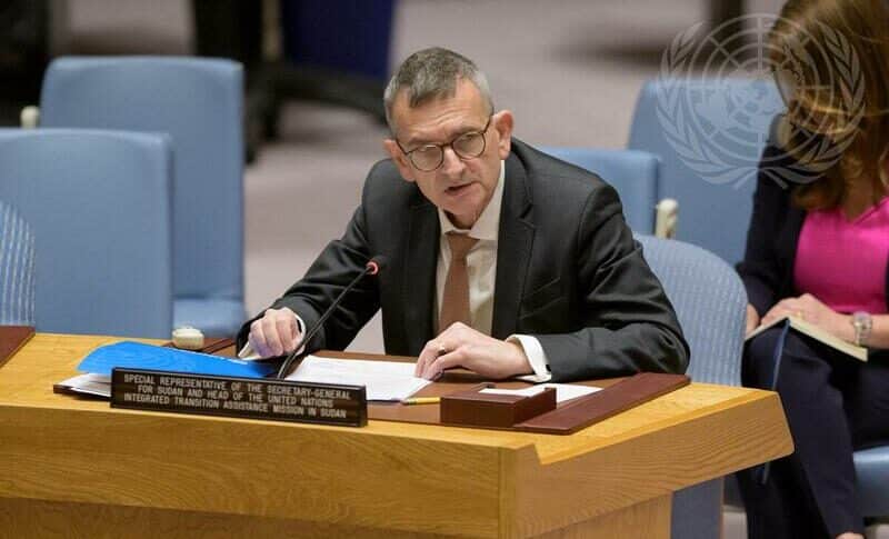 Volker Perthes briefs the Security Council meeting about the political process to restore civil rule in Sudan on March 20, 2023 (UN photo)