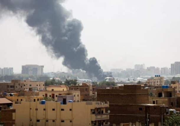 Smoke from fuel stores at Khartoum airport as fighting intensifies on April 16, 2023-