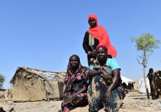 South Sudanese refugees Suzanna, Nyalan and Triza all lost their shelters to floods that hit their camp in Sudan’s White Nile State in November 2022