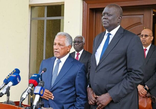 South Sudan’s Acting Foreign Affairs Minister Deng Dau Malek holds a press conference with Sudanese envoy Daffa Allah ElHag Ali ob May 8, 2023