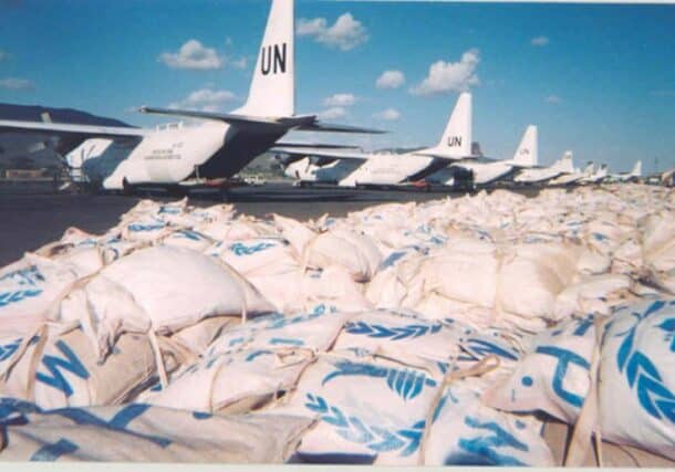 WFP C-130 Hercules transports parked at Lokichokio Airport, Kenya during the Sudan lifeline operation in 2004 (U.S. State Department photo)