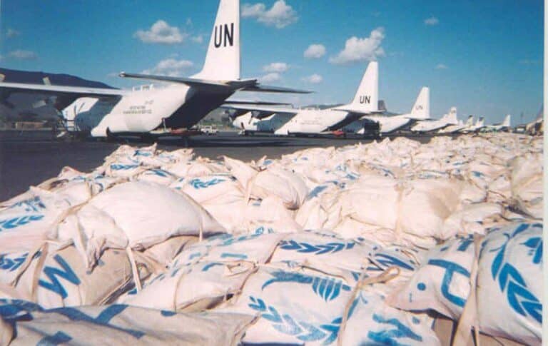 WFP C-130 Hercules transports parked at Lokichokio Airport, Kenya during the Sudan lifeline operation in 2004 (U.S. State Department photo)