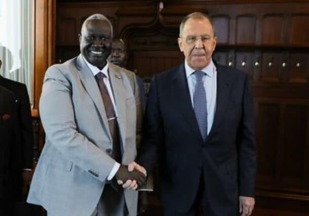 Sudan's Deputy Head ofthe Sovereign Council Malik Agar shakes hand with Russian Foreign Minister Sergey Lavrov on June 29, 2023
