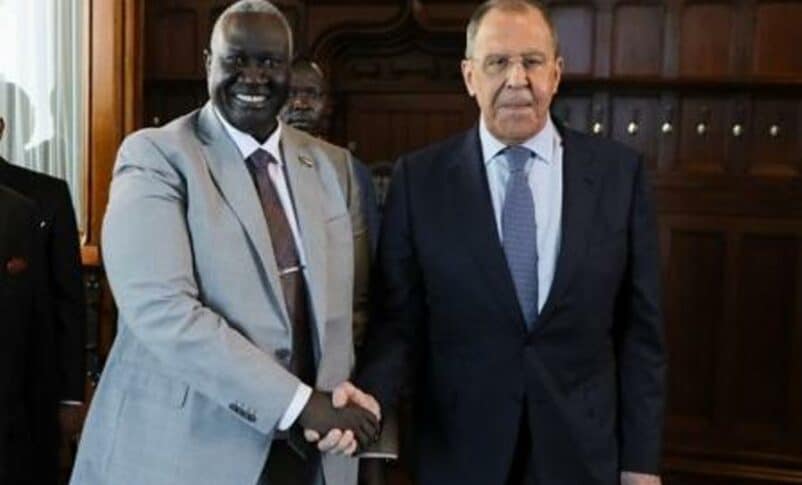 Sudan's Deputy Head ofthe Sovereign Council Malik Agar shakes hand with Russian Foreign Minister Sergey Lavrov on June 29, 2023