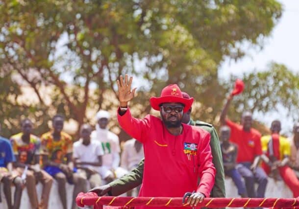 President Salva Kiir greeting the crowd in Wau on July 4, 2023