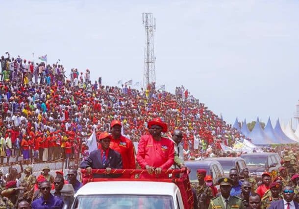 Wani and Kiir at an SPLM endorsement for 2023 elections at rally in Wau on July 2023