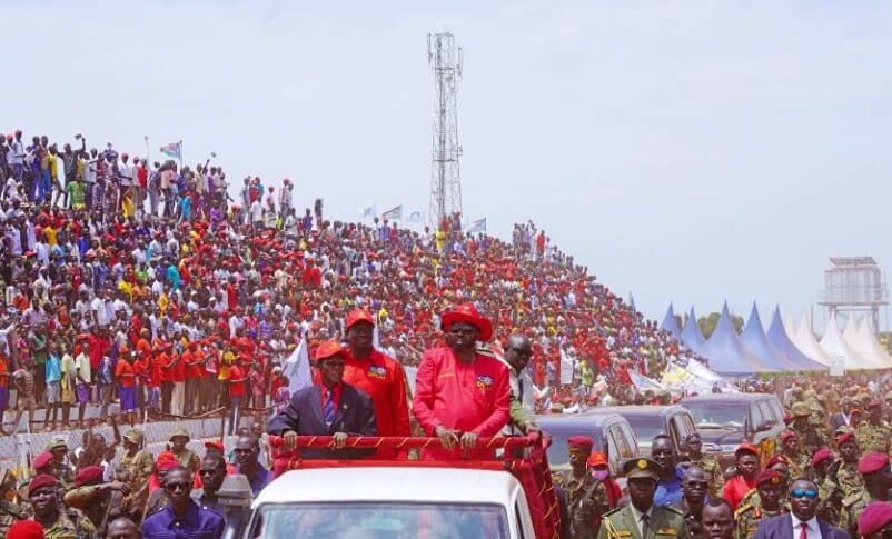 Wani and Kiir at an SPLM endorsement for 2023 elections at rally in Wau on July 2023
