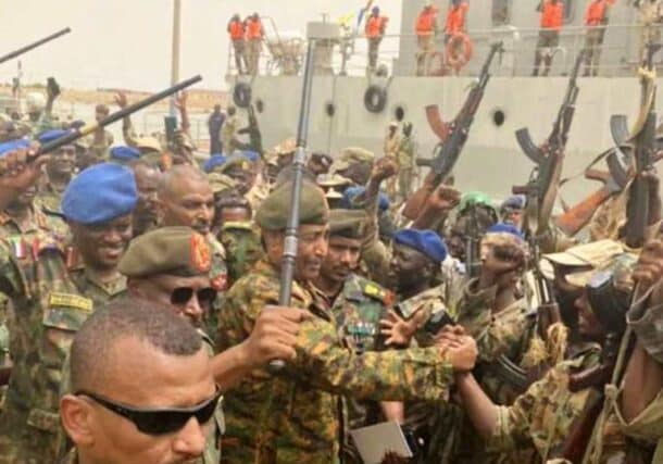 Al-Burhan greets his troops at Flamingo Naval Base in Port Sudan on August 28, 2023