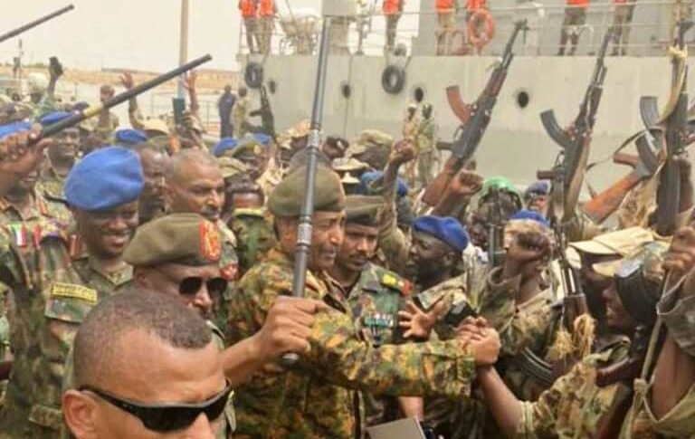 Al-Burhan greets his troops at Flamingo Naval Base in Port Sudan on August 28, 2023