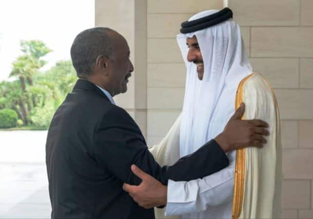 Qatar's Emir Sheikh Tamim bin Hamad al-Thani receives Abdel Fattah al Burhan in Doha on September 7, 2023