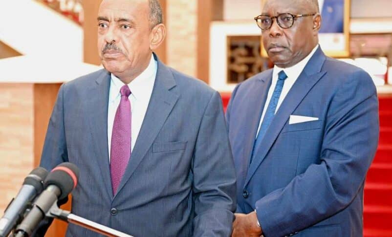 Sudan Foreign Minister Ali Sadiq speaks to reporters in Juba on September 2023