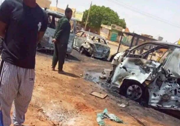 Vehicles shelled by the RSF artillery in Aljarafa area north of Omdurman on September 2023