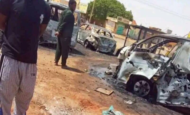 Vehicles shelled by the RSF artillery in Aljarafa area north of Omdurman on September 2023