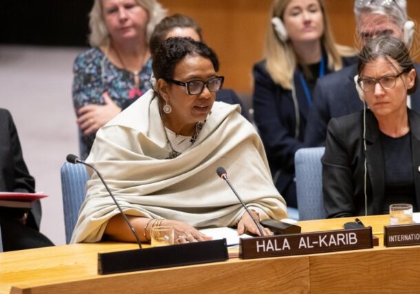 Hala Al-Karib speaking at the the United Nations Security Council Open Debate on Women, Peace, and Security on October 25, 2023 (UN photo)