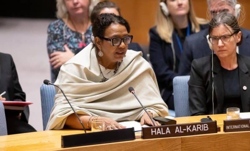 Hala Al-Karib speaking at the the United Nations Security Council Open Debate on Women, Peace, and Security on October 25, 2023 (UN photo)