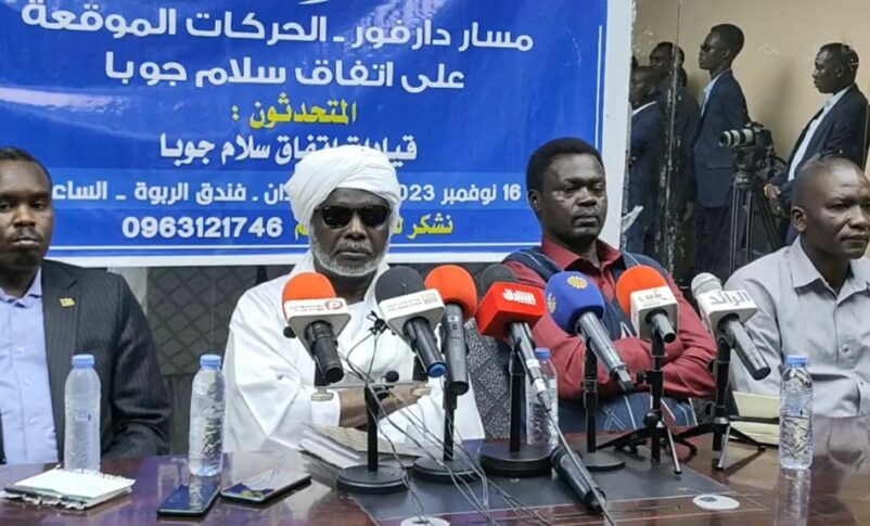 Leaders of Darfur groups listening to joint statement at the beginning of a press statement on Nov 16, 2023
