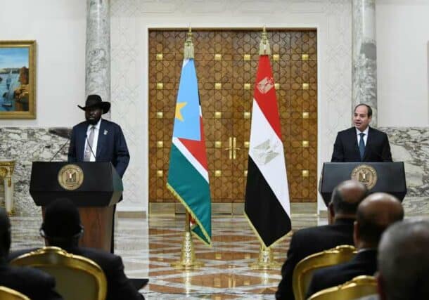 Presidents al-Sisi and Kiir speak to the press in Cairo on Monday November 6, 2023 (Photo Egyptian presidency)