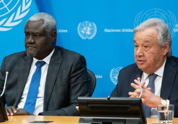 Secretary-General António Guterres (right) and Moussa Faki Mahamat, Chairperson of the African Union Commission, brief reporters at UN Headquarters.