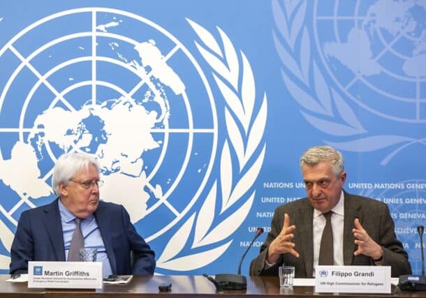 UN Relief Chief Martin Griffiths and High Commissioner for Refugees Filippo Grandi speaks to the media on February 15, 2023 .