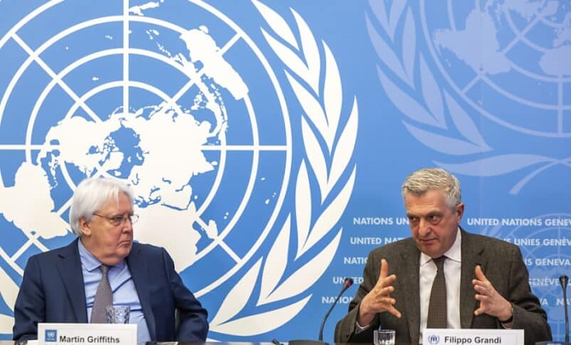 UN Relief Chief Martin Griffiths and High Commissioner for Refugees Filippo Grandi speaks to the media on February 15, 2023 .