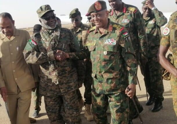 Al-Atta at his arrival to JEM training camp in Kassala received by le group leader Gibril Ibrahim on Marc 9, 2024