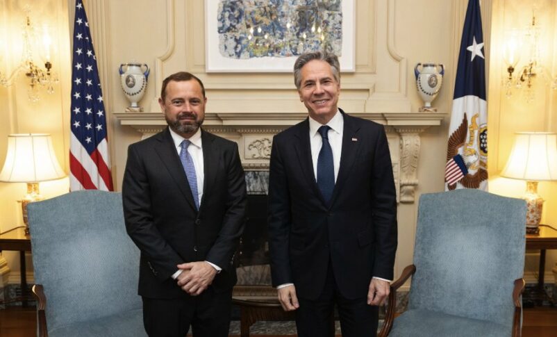 U.S. Secretary of State Blinken poses with Special Envoy Perriello