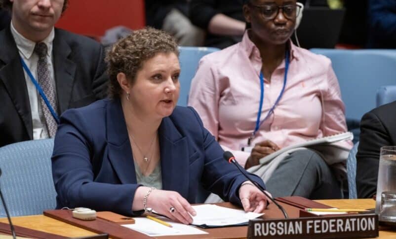 Deputy Permanent Representative Anna Evstigneeva speaks at the USecurity Council on March 7, 2024