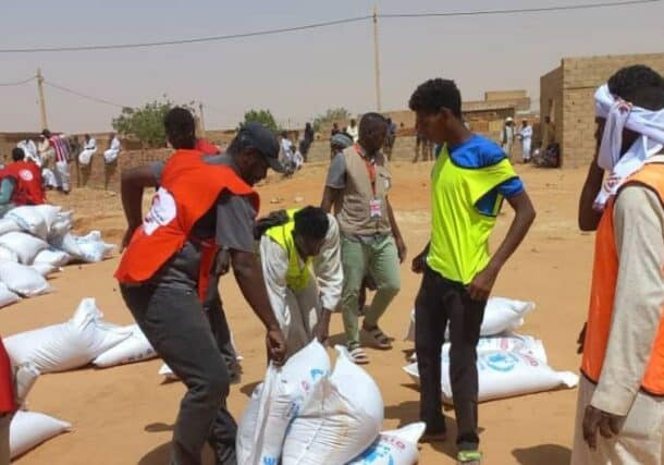 Food is distributed in Omdurman, close to the Sudanese capital, Khartoum.