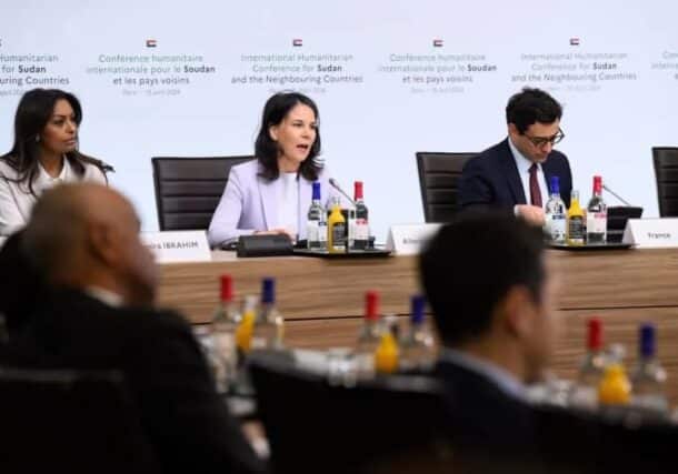Annalena Baerbock (C), Germany's Foreign Minister, and Stephane Sejourne (R), French Foreign Minister, speak at the humanitarian donor conference for Sudan in the Centre de Conferences ministeriel on April 15, 2024. DPA photo